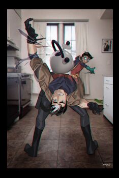 2boys artist_name bat_signal batman_(series) batman_symbol belt bending_backward black_bodysuit black_gloves black_hair bodysuit brown_jacket cape dc_comics dodging domino_mask electric_kettle eye_mask full_body gloves grey_bodysuit highres hood indoors jacket kettle kitchen leaning_back leather leather_jacket long_sleeves looking_at_viewer male_focus man_dodging_a_kettle_(meme) maple_dc mask meme multicolored_bodysuit multiple_boys muscular muscular_male open_mouth pants parody red_hood_(dc) red_hood_and_the_outlaws short_hair signature standing superhero_costume taut_bodysuit teeth thigh_strap throwing two-tone_bodysuit yellow_cape