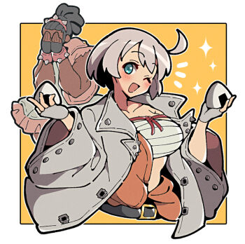 1boy 1girl ;d black_gloves blue_eyes blush border breasts commentary_request cosplay costume_switch covering_own_eyes dark-skinned_male dark_skin dress elphelt_valentine elphelt_valentine_(cosplay) fingerless_gloves food frilled_dress frills gloves grey_dress grey_gloves grey_hair grey_jacket guilty_gear guilty_gear_strive head_tilt holding holding_food itsuka_neru jacket large_breasts long_sleeves nagoriyuki nagoriyuki_(cosplay) notice_lines one_eye_closed onigiri open_clothes open_jacket open_mouth orange_background pink_jacket sarashi sleeveless sleeveless_jacket smile sparkle white_border wide_sleeves