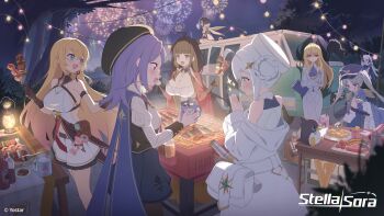 Rule 34 | 6+girls, absurdres, ahoge, amber (stella sora), armpit crease, aura, bare shoulders, bastelina (stella sora), beret, black cat, black hair, black hat, black pantyhose, black streaks, blonde hair, blue coat, blue eyes, blue hat, blue skirt, blunt bangs, book, braid, braided hair rings, breasts, cat, character request, cherry tomato, cleavage, coat, coffee mug, collared shirt, commentary, cooking, cosette (stella sora), crossed arms, cup, dark aura, dress, english commentary, flinch, food, french fries, frilled skirt, frills, frown, green eyes, grey hair, grill, grilling, hair rings, hat, highres, holding, holding book, holding cup, holding skewer, hot chocolate, iris (stella sora), juliet sleeves, large breasts, laru (stella sora), long sleeves, lucky oasis (stella sora), manew, marshmallow, miniskirt, mug, multicolored hair, multiple girls, new year, night, noya (stella sora), off shoulder, outdoors, own hands together, palms together, pantyhose, puffy sleeves, purple eyes, purple hair, red coat, red eyes, shaded face, sherlock (stella sora), shirt, shrimp, skewer, skirt, sleeveless, sleeveless dress, sleeveless shirt, star-shaped pupils, star (symbol), stella sora, streaked hair, stuffed animal, stuffed penguin, stuffed toy, symbol-shaped pupils, tomato, twintails, white dress, white hair, white hat, white shirt, white skirt, willow (stella sora)