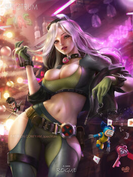 1girl ass belt breasts character_doll charm_(object) choker cleavage clothing_cutout collar crop_top curvy doll eyewear_on_head gambit glasses gloves highres jacket jacket_partially_removed key large_breasts lips looking_at_viewer marvel multicolored_hair navel parted_lips playing_with_own_hair red_lips rogue rogue_(x-men) skin_tight skindentation thick_lips thick_thighs thigh_cutout thigh_gap thighhighs thighs white_hair wolverine_(x-men) x-men yam_spectrum