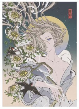 1girl bare_shoulders bird blonde_hair flower gradient_hair highres leaf long_hair luo_xiaohei_zhanji luye_(the_legend_of_luoxiaohei) moon mu_(1729032449) multicolored_hair purple_eyes solo swallow_(bird) upper_body white_flower