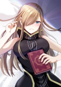 Rule 34 | 1girl, bare arms, bare shoulders, bed sheet, blue eyes, blush, book, breasts, brown dress, brown hair, closed mouth, commentary request, dress, frown, hair over one eye, high collar, holding, holding book, komegura, large breasts, long hair, looking at viewer, lying, on back, one eye covered, sidelocks, sleeveless, sleeveless dress, solo, sweatdrop, tales of (series), tales of the abyss, tear grants, upper body, watermark