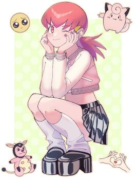 1girl alternate_costume blush clefairy closed_mouth commentary_request emoji gen_1_pokemon gen_2_pokemon hands_up highres jacket kana_(kanna_runa0620) long_hair long_sleeves looking_up loose_socks miltank nail_polish nintendo open_clothes open_jacket pink_eyes pink_hair platform_footwear pleated_skirt pokemon pokemon_hgss polka_dot polka_dot_background shirt skirt smile socks squatting twintails white_shirt white_socks whitney_(pokemon)