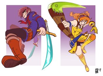 1boy 1girl 2017 aika_(eternal_arcadia) boomerang braid brown_hair dress eternal_arcadia goggles goggles_on_head highres orange_hair scruffyturtles shorts tagme tonfa twin_braids vyse weapon