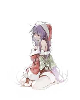 1girl absurdres bakemonogatari bare_shoulders closed_mouth fur-trimmed_headwear fur-trimmed_jacket fur-trimmed_sleeves fur_trim hat highres jacket kanji_(nievart) long_hair looking_to_the_side monogatari_(series) no_shoes purple_eyes purple_hair santa_costume santa_hat senjougahara_hitagi simple_background sitting solo solo_focus very_long_hair wariza white_background