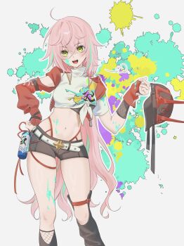 1girl 21syn_q_(gohan) absurdres ahoge baseball_cap black_shorts bottle crop_top fingerless_gloves gloves green_eyes grey_background hat highres holding holding_bottle holding_unworn_clothes holding_unworn_hat honkai:_star_rail honkai_(series) long_hair micro_shorts navel open_mouth paint_on_body paint_splatter paint_splatter_on_face pink_hair rappa_(honkai:_star_rail) shorts solo stomach teeth thighs unworn_hat unworn_headwear upper_teeth_only very_long_hair