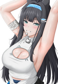 1girl absurdres aqua_headband armpits arms_up black_hair blue_eyes blue_headband blush breasts cleavage clothing_cutout commentary fish_hair_ornament goddess_of_victory:_nikke hair_ornament hairband headband headset highres large_breasts long_hair looking_at_viewer mint_(nikke) open_mouth rabbitttt shirt simple_background sleeveless smile solo sweat white_background white_shirt
