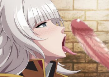 1boy 1girl azur_lane blush censored grey_eyes grey_hair long_hair makiri_akira mosaic_censoring open_mouth oral_invitation penis portrait stone_wall tongue tongue_out vittorio_veneto_(azur_lane) wall