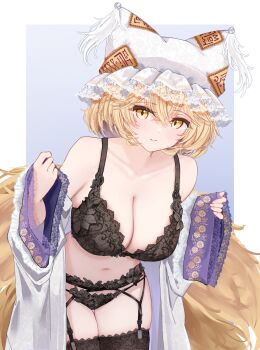 1girl black_bra black_panties black_thighhighs blonde_hair border bra breasts cleavage closed_mouth collarbone commentary cowboy_shot crossed_bangs fox_girl fox_tail garter_belt grey_background hair_between_eyes hat highres kitsune kyuubi lace lace_bra lace_panties lace_pants large_breasts leaning_forward lingerie long_sleeves looking_at_viewer multiple_tails navel panties pinching_sleeves sarasadou_dan short_hair smile solo tail thighhighs touhou underwear white_border white_hat yakumo_ran yellow_eyes