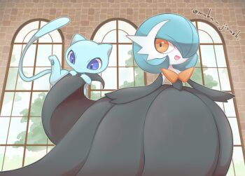 alternate_color artist_name black_dress black_gloves blue_eyes blue_fur blue_hair colored_skin dress elbow_gloves gardevoir gen_1_pokemon gen_3_pokemon gloves hair_over_one_eye highres legendary_pokemon mega_gardevoir mega_pokemon mew_(pokemon) muku_jirushi mythical_pokemon nintendo open_mouth orange_eyes pokemon pokemon_(creature) shiny_pokemon smile tail white_skin window