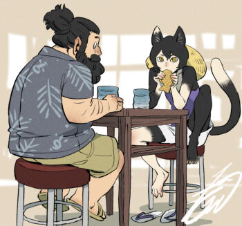 1boy 1girl beard black_fur body_fur cat_girl collared_shirt contemporary dungeon_meshi dwarf facial_hair fake_horns helmet high_ponytail highres horned_helmet horns izutsumi kobayashi_gen long_beard mismatched_animal_ear_colors mustache official_alternate_costume official_style ponytail senshi_(dungeon_meshi) shirt shorts sitting sparse_arm_hair table thick_mustache