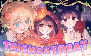 Rule 34 | + +, 1girl, 2boys, absurdres, alternate costume, animal ears, antenna hair, arm up, aubrey (faraway) (omori), aubrey (omori), basil (faraway) (omori), basil (omori), basket, black eyes, black hair, blonde hair, blush, collared shirt, commentary request, english text, fangs, green sweater vest, grin, halloween costume, highres, holding, holding basket, jash (omori), kanaraki, long sleeves, looking at viewer, multiple boys, omori, open mouth, shirt, short hair, sidelocks, smile, speech bubble, sunny (omori), sweater vest, teeth, trick or treat, upper teeth only, white shirt, wolf ears