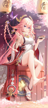 1girl absurdres animal_ears ankle_bell artist_name bare_legs bare_shoulders barefoot bell breasts cherry_blossoms closed_mouth commentary_request crystalfly_(genshin_impact) cup day detached_sleeves drink earrings falling_petals feet floppy_ears floral_print flower_knot fox_ears full_body genshin_impact gohei gou_lianlian_dogface hair_between_eyes hair_flaps high_heels highres holding holding_cup holding_drink holding_gohei jewelry jingle_bell lantern legs long_hair looking_at_viewer medium_breasts nail_polish nontraditional_miko okobo outdoors paper_lantern petals pink_hair platform_sandals purple_eyes red_skirt ribbon_trim sakazuki sandals shirt shoes sideboob signature single_shoe sitting skirt sleeveless sleeveless_shirt smile soles solo tassel thighs toenail_polish toenails toes very_long_hair white_shirt white_sleeves wide_sleeves wooden_floor yae_miko