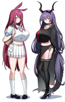 2girls absurdres animal_ears arknights bag black_choker black_hairband black_horns black_shirt black_shoes black_skirt black_tail black_thighhighs blue_archive blue_sailor_collar blush bolo_tie bow bowtie breasts chinese_commentary choker closed_mouth commentary cosplay crop_top crop_top_overhang dishui_tangni full_body garter_belt hairband hanako_(blue_archive) hanako_(blue_archive)_(cosplay) handbag hasumi_(blue_archive) hasumi_(blue_archive)_(cosplay) high_heels highres holding_strap horns kneehighs large_breasts loafers long_hair long_skirt long_sleeves looking_at_viewer midriff miniskirt multiple_girls navel pink_bow pink_bowtie pink_eyes pink_hair pleated_skirt purple_hair ray_(arknights) sailor_collar school_uniform serafuku shirt shoes short_sleeves side_slit simple_background skirt socks standing tail thighhighs typhon_(arknights) v-shaped_eyebrows very_long_hair white_background white_sailor_collar white_serafuku white_shirt white_skirt white_socks