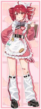 1girl absurdres ahoge apron baguette bandaid belt black_boots boots bow bread clipboard commentary_request dochi_pi drill_hair eyelashes food frilled_apron frilled_skirt frills fruit hair_between_eyes highres holding holding_clipboard kasane_teto kasane_teto_(sv) korean_commentary looking_at_viewer open_mouth pear pearto red_eyes red_hair signature skirt suspenders synthesizer_v twin_drills utau