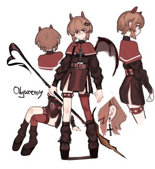 absurdres alternate_costume alternate_hair_length alternate_hairstyle artist_name bat_wings belt black_tunic boots brown_boots capelet closed_mouth commentary contrapposto cropped_legs cropped_shoulders cross cross_earrings demon_girl demon_horns double-parted_bangs dress earrings english_commentary evil_neuro-sama full_body garter_straps hair_between_eyes hair_intakes highres holding_harpoon horns jewelry long_sleeves looking_at_viewer multiple_views neuro-sama otjareniy platform_boots red_belt red_capelet red_eyes short_dress short_hair side_slit sidelocks simple_background single_garter_strap single_thighhigh standing studded_thigh_strap thigh_strap thighhighs tunic vedal_ai white_background wings zettai_ryouiki