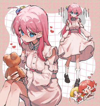 >_< 3girls ahoge alternate_costume bell_sleeves ben-day_dots black_shoes blonde_hair blue_eyes blush bocchi_the_rock! breasts closed_mouth commentary cube_hair_ornament dress gloom_(expression) gotoh_hitori grid_background hair_between_eyes hair_ornament heart highres holding holding_own_dress holding_stuffed_toy ijichi_nijika kita_ikuyo kneehighs long_hair long_sleeves medium_breasts medium_dress multiple_girls one_side_up open_mouth own_hands_clasped own_hands_together pink_hair red_hair screentones scripco shoes socks standing stuffed_animal stuffed_toy teddy_bear watermark white_dress white_socks