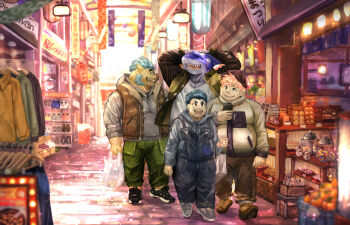 4boys anamori_eita arms_behind_head bag bara black_hair black_overalls black_shoes blue_hair blurry blurry_foreground brown_pants candy commentary_request ebisu_(housamo) facial_hair food furry furry_male ganglie_(housamo) green_pants grey_shirt highres holding holding_bag male_focus multiple_boys mutton_chops outdoors overalls pants pig_boy pink_hair shark_boy sharp_teeth shirt shoes shopping_bag shopping_district short_hair smile teeth tokyo_houkago_summoners tor@ typhon_(housamo) walking