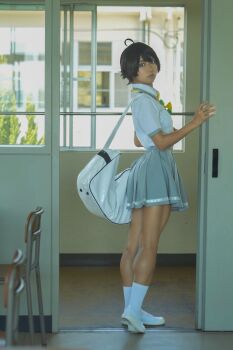 absurdres cosplay highres looking_at_viewer make_heroine_ga_oo_sugiru! muscular_legs real_life school school_uniform shoes short_hair source_request tomboy white_shoes yakishio_lemon