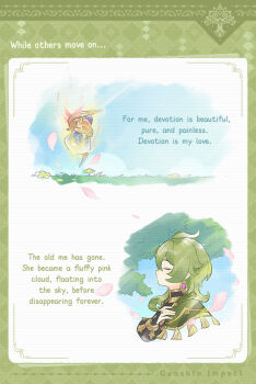 1girl blue_sky closed_eyes collei_(genshin_impact) commentary cropped_shoulders earrings english_commentary english_text falling_petals from_side gem genshin_impact grass green_hair hand_on_own_chest jewelry liloupar_(genshin_impact) long_hair official_art outdoors petals pink_gem scene_reference sky spoilers