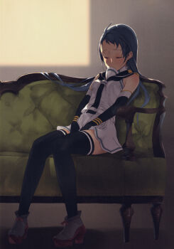 Rule 34 | 1girl, absurdres, bare shoulders, black gloves, black thighhighs, blue hair, blush, branch (blackrabbits), closed eyes, couch, elbow gloves, gloves, gradient hair, highres, huge filesize, kantai collection, knees together feet apart, long hair, multicolored hair, neckerchief, sailor collar, samidare (kancolle), scan, school uniform, serafuku, shirt, sitting, sleeping, sleeveless, sleeveless shirt, solo, swept bangs, thighhighs, very long hair, white serafuku, zettai ryouiki