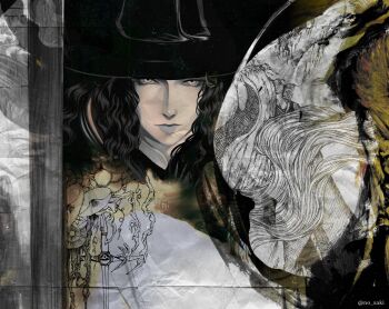Rule 34 | 1boy, black hair, black hat, closed mouth, d (vampire hunter d), expressionless, hashtag-only commentary, hat, highres, long hair, male focus, n0 saki, pale skin, solo, straight-on, twitter username, upper body, vampire hunter d, wavy hair, yellow eyes