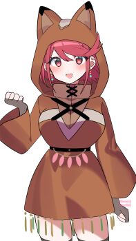 1girl :d absurdres black_thighhighs breasts brown_hood brown_hoodie commentary_request cowboy_shot disguised_pyra_(xenoblade) earrings highres hood hood_up hoodie jewelry kotohatoko510 long_sleeves official_alternate_costume open_mouth pyra_(xenoblade) raccoon_hood red_eyes red_hair short_hair simple_background smile solo thighhighs white_background xenoblade_chronicles_(series) xenoblade_chronicles_2