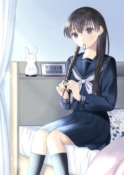 1girl bed black_shirt black_skirt black_socks braid braiding_hair clock day hair_tie_in_mouth hairdressing highres indoors long_hair looking_at_viewer mouth_hold neckerchief original osumi_izumi school_uniform serafuku shirt sitting skirt socks white_neckerchief