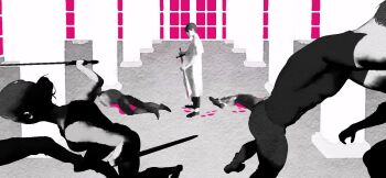 1girl 2boys 4others black_hair blood blood_splatter coat column corpse fighting hair_bun holding holding_sword holding_weapon indoors jung_heewon kim_dokja lee_hyunsung multiple_boys multiple_others muscular muscular_male omniscient_reader's_viewpoint open_clothes open_coat out_of_frame pillar pool_of_blood short_hair standing sword tix_0314 weapon white_coat