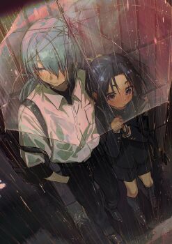 2boys absurdres averting_eyes black_hair black_jacket black_pants black_shorts blue_eyes blue_hair blush breast_pocket commentary curtained_hair fubuki_(nige_jouzu_no_wakagimi) full_body gakuran hair_over_one_eye hand_on_another's_shoulder highres holding holding_umbrella houjou_tokiyuki_(nige_jouzu_no_wakagimi) jacket low_ponytail male_focus multiple_boys nige_jouzu_no_wakagimi outdoors pants pocket ponytail purple_eyes rain school_uniform shirt short_sleeves shorts standing symbol-only_commentary transparent transparent_umbrella umbrella white_shirt xiao_(creation0528)