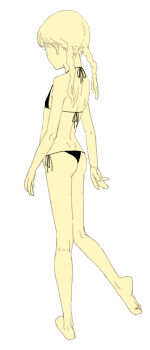 Rule 34 | 1girl, arms at sides, back, bare arms, bare back, bare legs, bare shoulders, barefoot, bikini, black bikini, braid, flat chest, from behind, from side, full body, halterneck, highres, kbrg, knees together feet apart, medium hair, midriff, monochrome, nape, oekaki, original, side-tie bikini bottom, simple background, soles, solo, standing, swimsuit, twin braids, white background