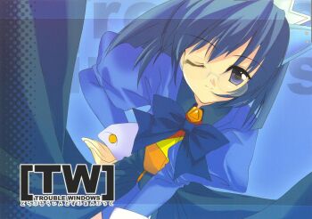Rule 34 | 1girl, 2000s (style), 2k-tan, animal ears, blue bow, blue bowtie, blue eyes, blue hair, blue jacket, bow, bowtie, cat ears, glasses, hairband, highres, jacket, long hair, long sleeves, non-web source, one eye closed, os-tan, personification, smile, solo