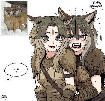 2girls :p animal animal_ear_fluff animal_ears artist_name blush breasts brown_hair creature_and_personification eyelashes fangs gegegekman grey_eyes grey_hair hair_between_eyes highres long_hair looking_at_viewer multicolored_hair multiple_girls open_mouth original personification photo-referenced photo_inset reference_inset short_sleeves sidelocks signature simple_background smile speech_bubble spoken_sweatdrop sweatdrop teeth tongue tongue_out twitter_username upper_body white_background wolf wolf_ears wolf_girl