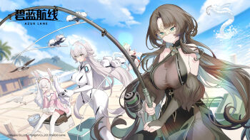 4girls absurdres animal_ears azur_lane bird black_hair blue_sky bodysuit boots breasts cleavage controller domino_mask dragon_horns dress drone eye_mask fargo_(azur_lane) fish fishing fishing_line fishing_rod fur_trim game_cg gloves green_eyes hair_ornament highres holding holding_fishing_rod horns huan_ch'ang_(azur_lane) laffey_(azur_lane) large_breasts long_hair mask multiple_girls pier rabbit_ears remote_control rigging seagull shimanto_(azur_lane) sitting sky sleeping sleeveless thick_thighs thighs water white_hair
