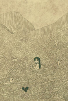 1girl arawi_keiichi black_hair blob book closed_mouth creature glasses highres holding holding_book kamakura_(nichijou) landscape long_hair long_sleeves looking_at_viewer looking_to_the_side minakami_mai monochrome nichijou open_book sepia smile snake