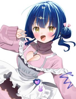 1girl :d apron blue_hair blue_nails blush breasts brown_eyes cleavage cleavage_cutout clothing_cutout commentary_request double_bun frilled_apron frills hair_bun heart_cutout highres jacket jersey_maid k_mugura long_sleeves looking_at_viewer maid multicolored_hair nail_polish open_mouth original pink_jacket puffy_long_sleeves puffy_sleeves simple_background sleeves_past_wrists smile solo streaked_hair track_jacket unconventional_maid white_apron white_background
