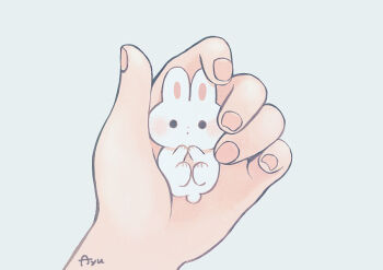 Rule 34 | 1other, animal, ayu (mog), commentary, commentary request, english commentary, fingernails, grey background, holding, holding animal, looking at viewer, mixed-language commentary, original, out of frame, pink nails, rabbit, romaji commentary, signature, simple background