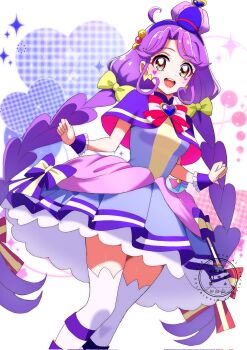 1girl :d ahoge artist_name blue_hairband bow bow_earrings braid breasts brooch capelet chest_bow clenched_hands color_connection commentary cosplay cowboy_shot cure_coral cure_friendy cure_friendy_(cosplay) deerstalker dot_nose dress dress_bow earrings facial_mark four-pointed_star frilled_wrist_cuffs frills hair_bobbles hair_bow hair_ornament hairband hat hat_ornament heart heart_background heart_brooch heart_facial_mark heart_hat_ornament highres jewelry legs_together long_hair looking_at_viewer low_twin_braids magical_girl medium_breasts momotarouooi multi-tied_hair multiple_hair_bows open_mouth orange_eyes pact_holder petticoat pink_bow plaid_background precure purple_bow purple_capelet purple_dress purple_hair purple_hat short_dress sleeveless sleeveless_dress smile solo standing striped_bow suzumura_sango teeth thighhighs tilted_headwear tropical-rouge!_precure twin_braids twitter_username upper_teeth_only very_long_hair watermark white_background white_thighhighs wonderful_pact wonderful_precure! wrist_cuffs yellow_bow zettai_ryouiki