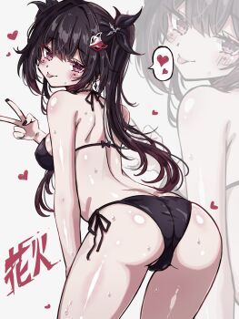 ass back bad_id bad_twitter_id bikini black_bikini black_hair black_nails blush breasts from_behind heart highres honkai:_star_rail honkai_(series) long_hair looking_at_viewer looking_back purple_eyes small_breasts sparkle_(honkai:_star_rail) spoken_heart swimsuit thighs translation_request twintails usa_(usagi_minku) very_long_hair zoom_layer