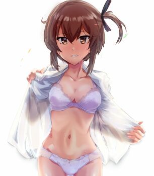 Rule 34 | 1girl, blush, bra, breasts, brown eyes, brown hair, cleavage, collarbone, collared shirt, commentary request, cowboy shot, etou kanami, hair between eyes, highres, lace, lace-trimmed bra, lace-trimmed panties, lace trim, looking at viewer, mashitono desu, medium breasts, navel, one side up, panties, see-through clothes, see-through shirt, shirt, short hair, sidelocks, simple background, smile, solo, standing, stomach, sweat, toji no miko, underwear, undressing, white background, white bra, white panties, white shirt