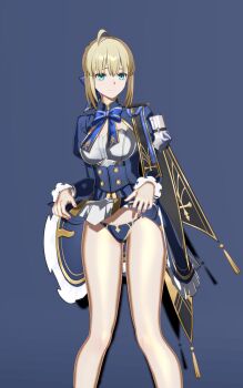 1girl 3d artoria_pendragon_(fate) blonde_hair braid braided_bun breasts commentary dress english_commentary fate/stay_night fate_(series) green_eyes hair_bun hair_ornament highres honkai:_star_rail honkai_(series) panties pantyshot saber_(fate) short_hair simple_background solo underwear user_zryx3582
