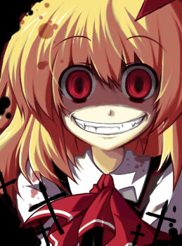 1girl bad_id bad_pixiv_id blonde_hair crazy crazy_eyes creepy cross embodiment_of_scarlet_devil evil_grin evil_smile female_focus grin hair_ribbon red_eyes ribbon rumia shaded_face short_hair smile solo touhou utsurogi_angu yandere you_gonna_get_raped