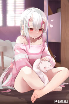 1girl bare_shoulders barefoot blush closed_mouth feet heart hololive horns indian_style indoors long_hair long_sleeves mujinbensin multicolored_hair nail_polish nakiri_ayame off_shoulder pink_hair poyoyo_(nakiri_ayame) red_eyes sitting skin-covered_horns smile solo streaked_hair toenail_polish toenails very_long_hair virtual_youtuber white_hair