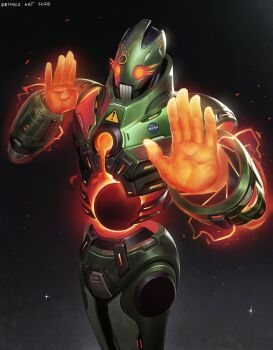 absurdres artist_name bad_link black_hole c-moon_(stand) deimos_art glowing glowing_eyes glowing_hand highres jojo_no_kimyou_na_bouken logo metal_skin nasa_logo no_humans sign solo sparkle stone_ocean warning_sign