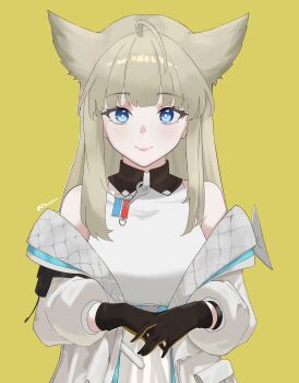 Rule 34 | 1girl, absurdres, arknights, arknights: endfield, bare shoulders, black gloves, blonde hair, blue eyes, bright pupils, closed mouth, collared dress, commentary, contrast collar, dress, gloves, highres, jacket, light blush, long hair, looking at viewer, off shoulder, own hands together, perlica (arknights), pyarthra, sidelocks, simple background, sleeveless, sleeveless dress, smile, solo, twitter username, upper body, white dress, white jacket, white pupils, yellow background