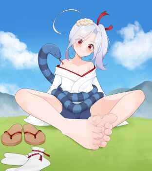 1girl absurdres barefoot bike_shorts blush feet grey_hair highres long_hair open_mouth oshiro_project:re red_eyes shoes side_ponytail snake socks soles toes unworn_shoes unworn_socks wl217_(nicexa111) yakumo_(oshiro_project)