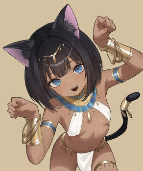 1girl ancient_egyptian ancient_egyptian_clothes animal_ear_fluff animal_ears armlet armpits bare_shoulders black_hair blue_eyes blush bracelet breasts cat_ears cat_girl cat_tail child collar collarbone commentary_request cowboy_shot dark_skin earrings fang foreshortening hands_up highres if_you_want_to_become_a_godly_artist_(trend) jewelry leaning_forward loli looking_at_viewer momoziri_pripri nail_polish navel open_mouth original paw_pose short_hair simple_background small_breasts smile solo standing tail tan usekh_collar