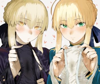 2girls absurdres artoria_pendragon_(fate) black_panties blonde_hair blush commentary_request fate/stay_night fate_(series) green_eyes heart hero_neisan highres holding holding_panties holding_underwear holding_unworn_clothes looking_at_viewer multiple_girls panties presenting_removed_panties pussy_juice_stain saber_(fate) saber_alter stained_panties underwear white_panties yellow_eyes