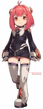 1girl antenna_hair black_dress black_thighhighs boots character_name covered_navel dress flat_chest full_body grey_boots hair_intakes headgear highres karukan_(monjya) loli long_sleeves medium_hair momo_mizrahi orange_eyes panties parted_bangs pink_hair short_dress simple_background sleeves_past_wrists solo standing thigh_boots thighhighs underwear white_background white_panties xenosaga