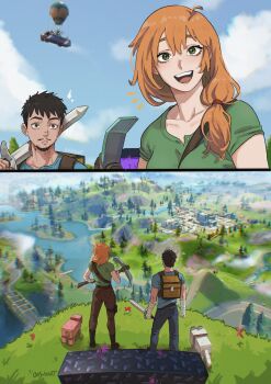 1boy 1girl absurdres alex_(minecraft) dashi_(dashiart) fortnite highres holding holding_pickaxe minecraft minecraft_(style) minecraft_pickaxe minecraft_sword pickaxe scenery smile steve_(minecraft) sword weapon